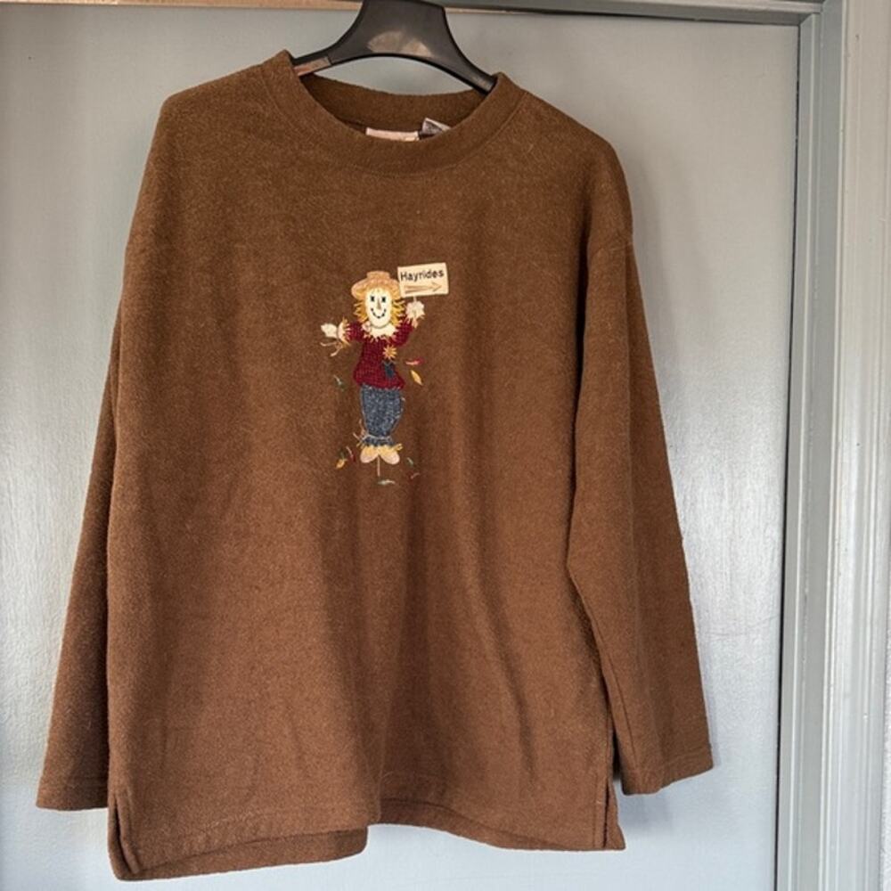 Scarecrow Appliqued Brown Fleece Women's Pullover Top sz XL Long Sleeves